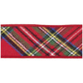 Goodwill M&G red highland tartan cotton ribbon with diagonal stripes in green, yellow, blue, white, and black, with wired edge - 6.4 cm, shown against a plain white background.