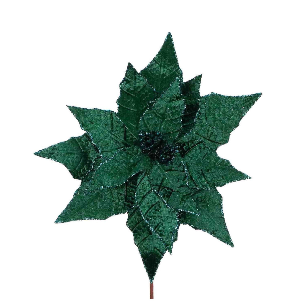 A green glittery fabric аrtificial poinsettia star-shaped flower with multiple layered leaves and a brown stem, 45 cm, isolated on a white background.