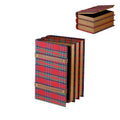 A stack of book-shaped decorative boxes from Goodwill M&G with red, green and blue tartan fabric and tan faux-leather straps, 30 cm, shown on a white background with one box open in the upper right. 