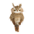 Goodwill M&G a brown and beige fluffy owl christmas decoration with yellow eyes, shown against a plain white background.