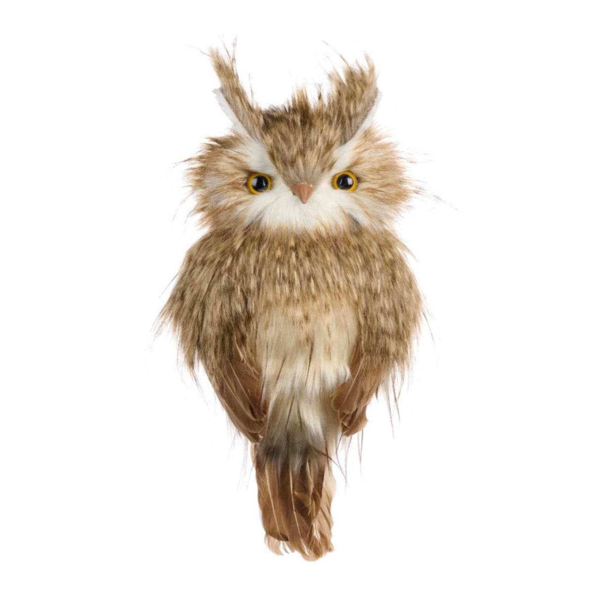 Goodwill M&G a brown and beige fluffy owl christmas decoration with yellow eyes, shown against a plain white background.