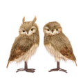 Goodwill M&G  furry owls Christmas decoration figurines with fluffy brown and beige feathers, yellow eyes, and dark legs, height 53 cm, shown side by side on a plain white background.