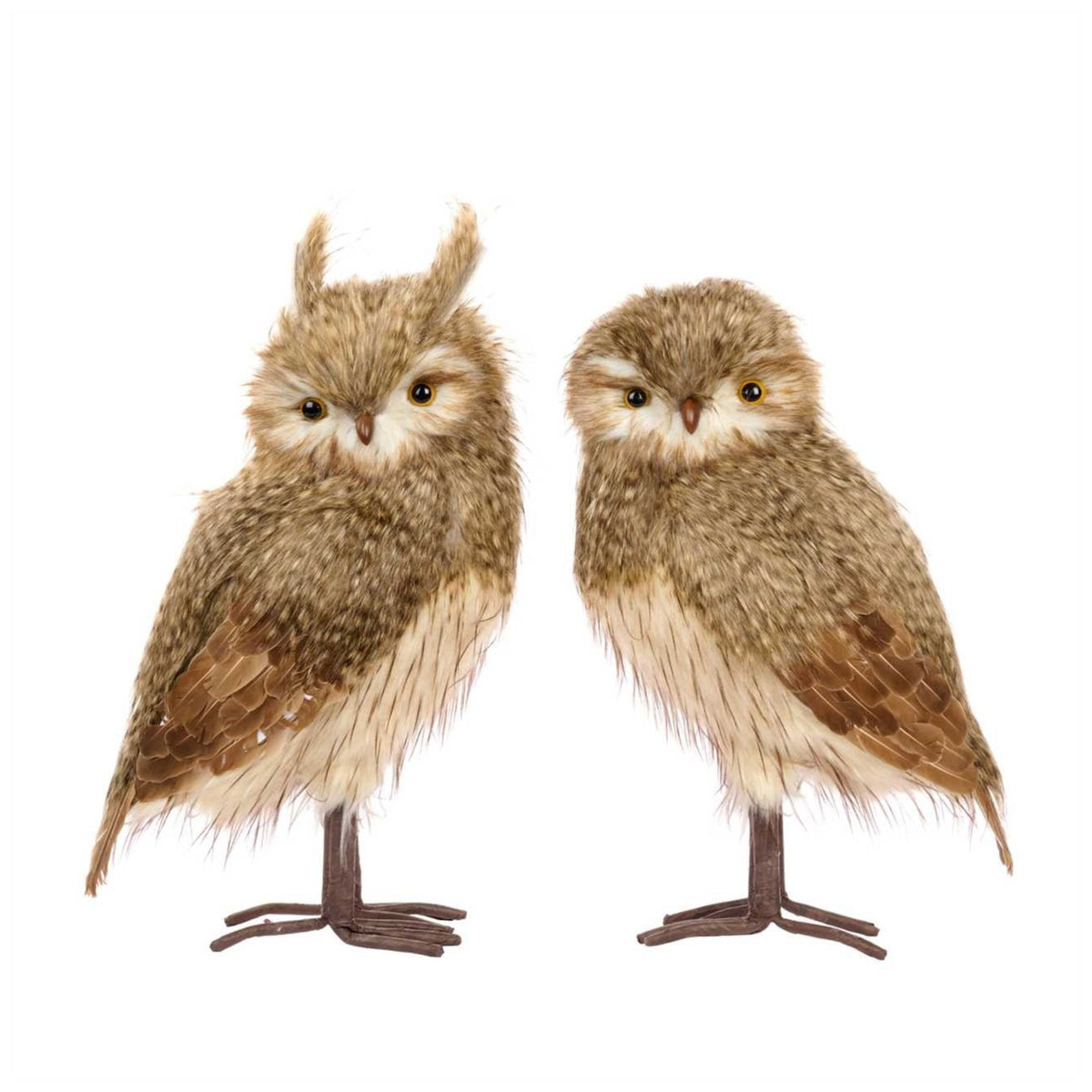 Goodwill M&G  furry owls Christmas decoration figurines with fluffy brown and beige feathers, yellow eyes, and dark legs, height 53 cm, shown side by side on a plain white background.