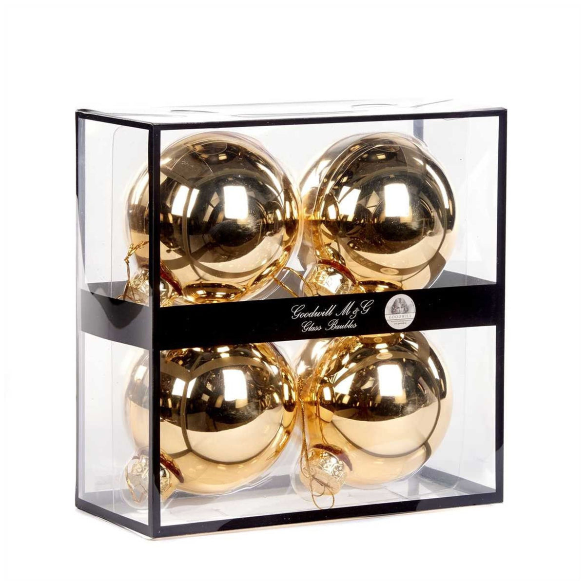 Four shiny gold glass Christmas ornaments 10 cm diameter, inside a clear rectangular display box with a black frame and a black band label reading 'Goodwill M&G Co. Glass Baubles'. Photographed on a white backgraund 