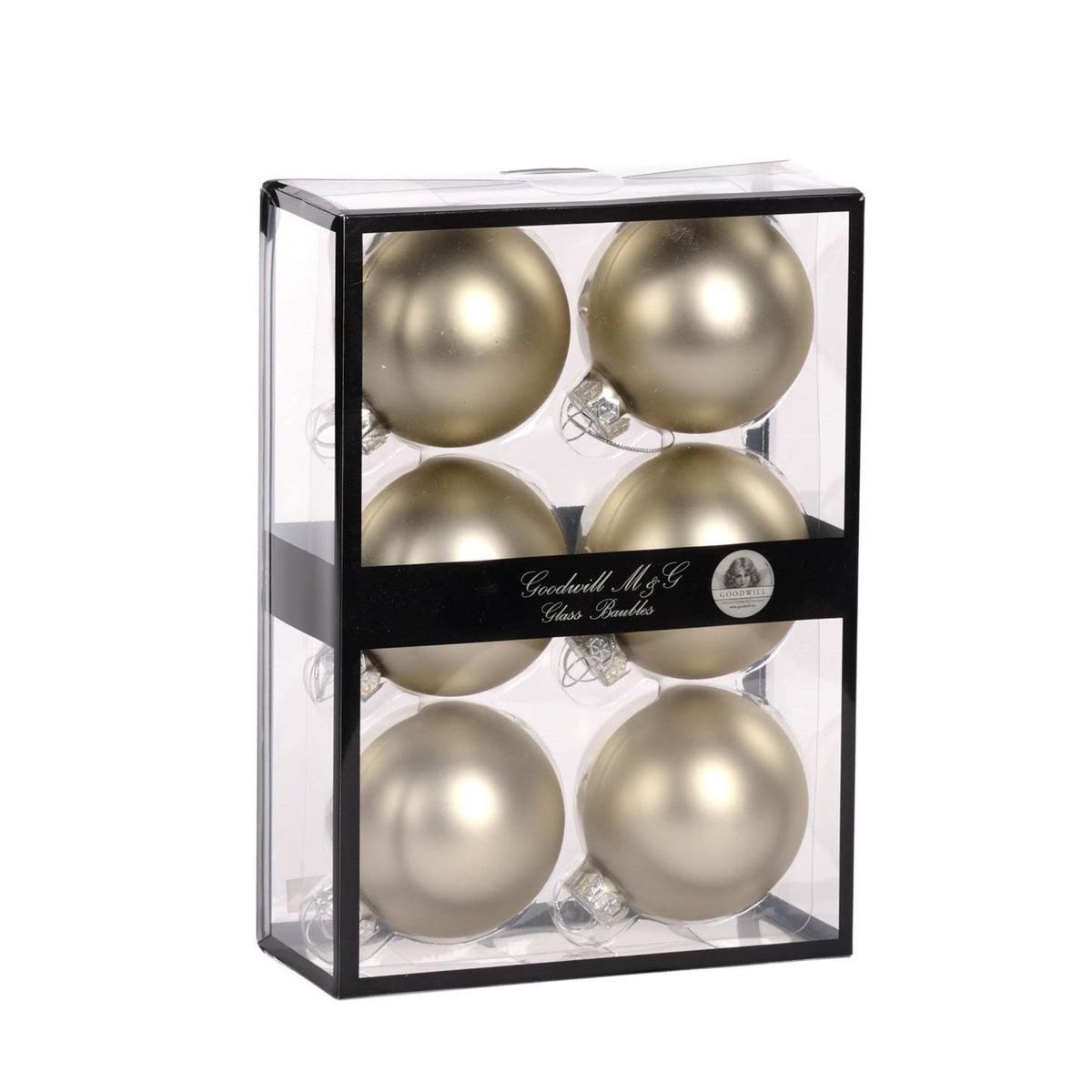 Six matte taupe grey (light metallic) glass Christmas ornaments 7 cm diameter, inside a clear rectangular display box with a black frame and a black band label reading 'Goodwill M&G Co. Glass Baubles'.