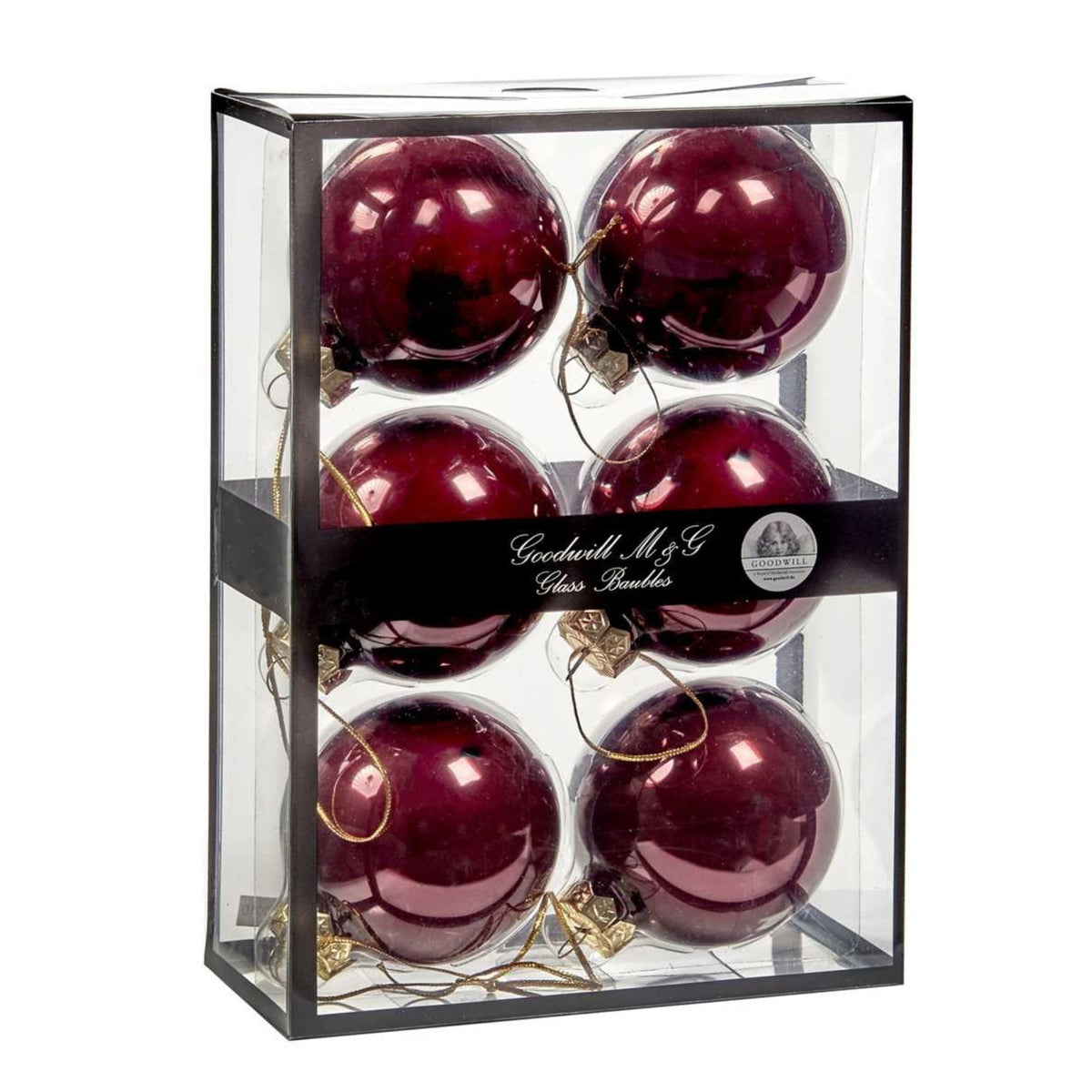 Six glossy deep burgundy glass Christmas ornaments 7 cm diameter, inside a clear rectangular display box with a black frame and a black band label reading 'Goodwill M&G Co. Glass Baubles'.