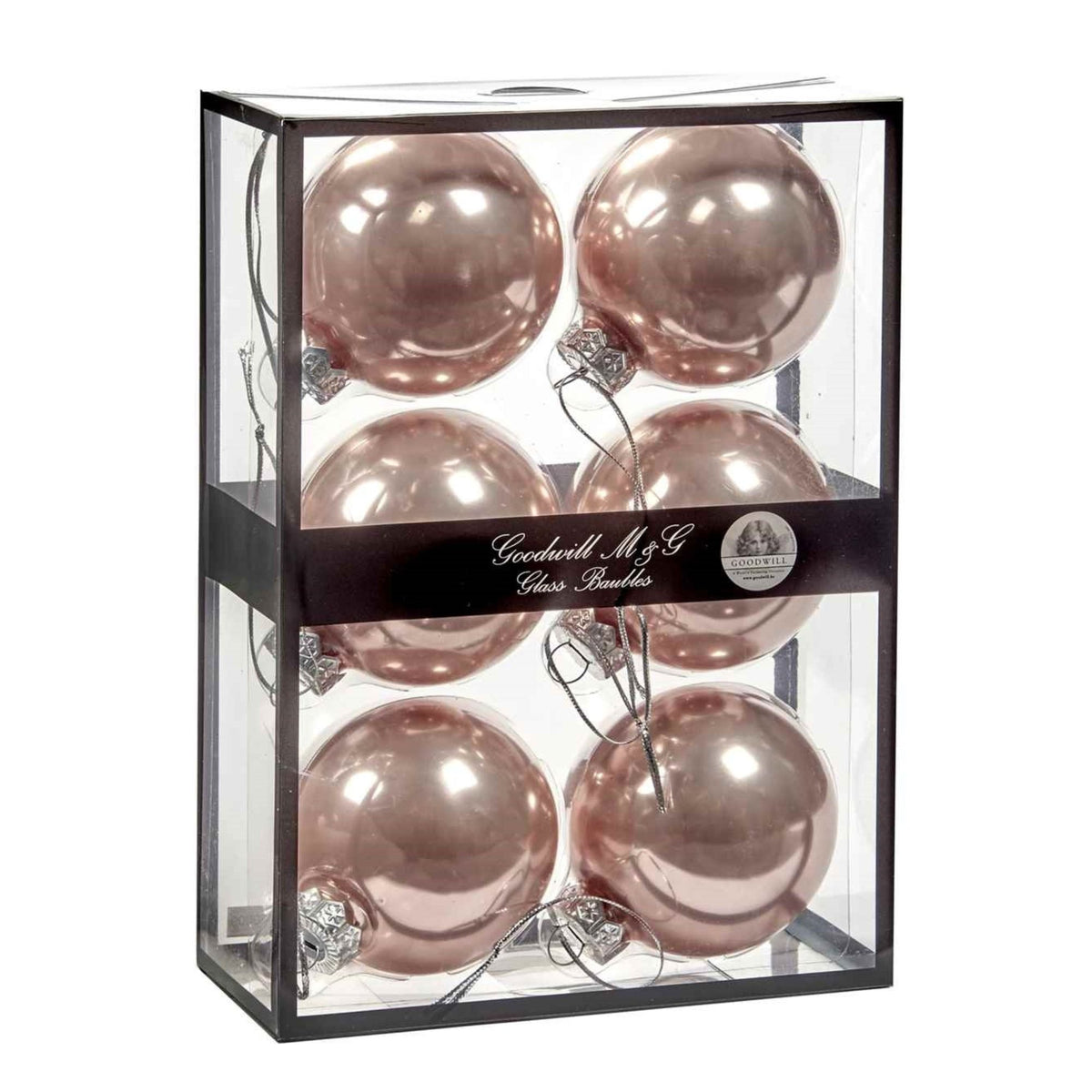 Six rose gold glass Christmas ornaments 7 cm diameter, inside a clear rectangular display box with a black frame and a black band label reading 'Goodwill M&G Co. Glass Baubles'.