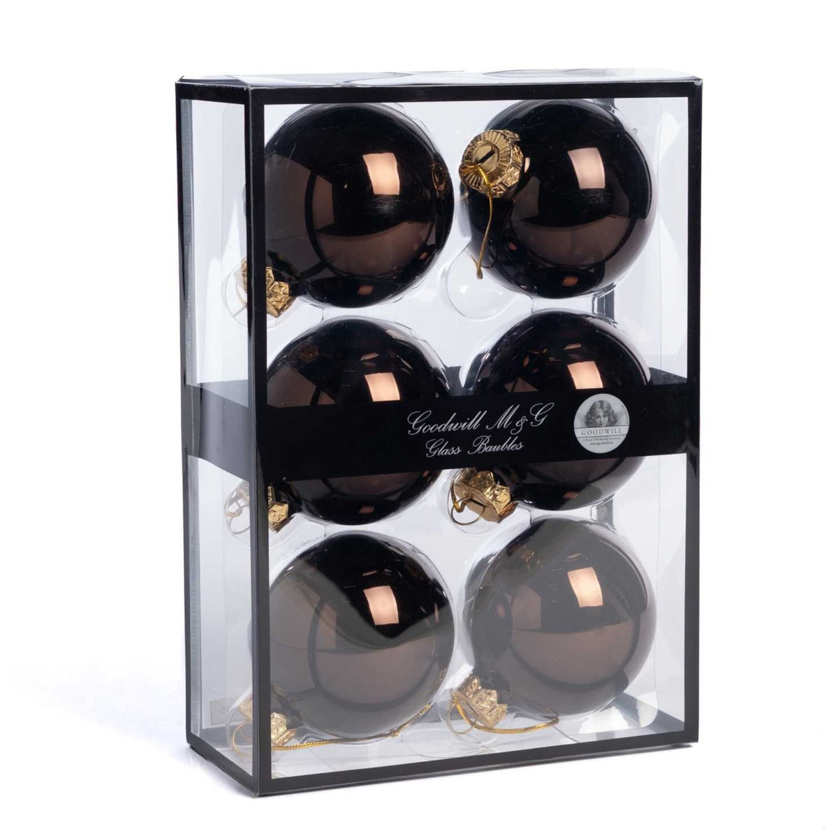 Six shiny silver glass Christmas ornaments 7 cm diameter, inside a clear rectangular display box with a black frame and a black band label reading 'Goodwill M&G Co. Glass Baubles'. Photographed on a white backgrund.