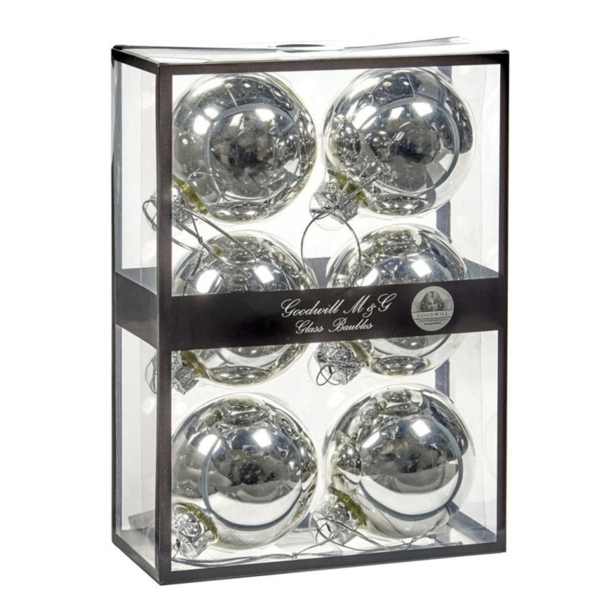 Six shiny silver glass Christmas ornaments 7 cm diameter, inside a clear rectangular display box with a black frame and a black band label reading 'Goodwill M&G Co. Glass Baubles'. Photographed on a white backgrund.