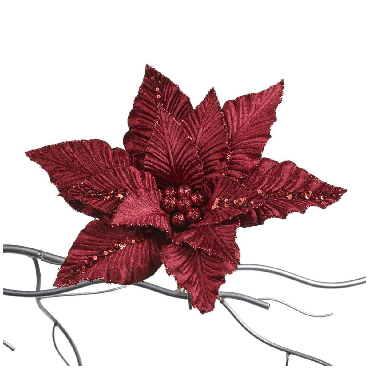 A deep burgundy faux poinsettia flower decoration on clip with textured glittery leaves and small berry accents, isolated on a white background.