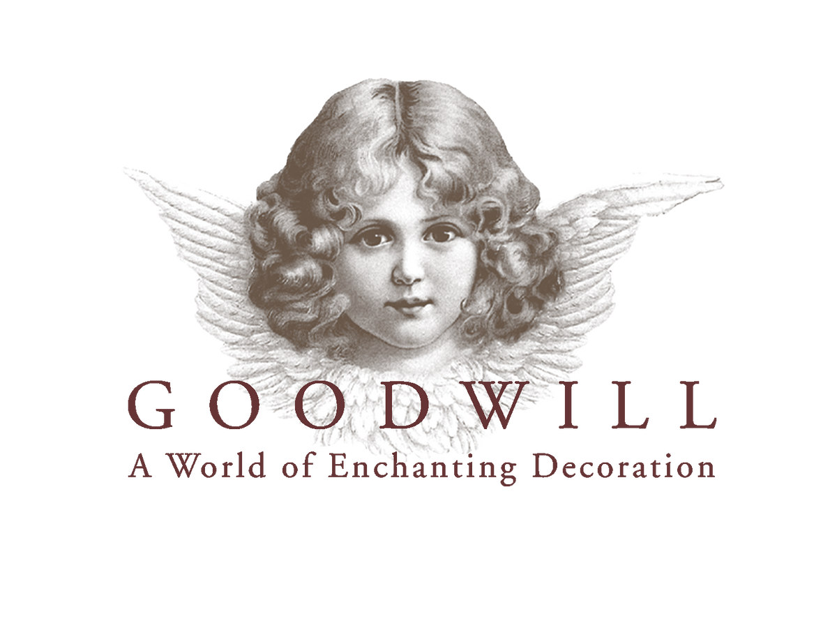 Goodwill M&G Logo A vintage-style logo featuring an angelic face with curly hair and wings, above the text 'GOODWILL' and the tagline 'A World of Enchanting Decoration' on a white background.
