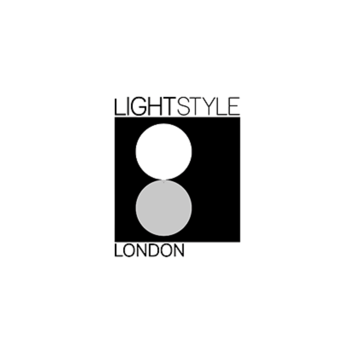 A minimalist black and white logo featuring two overlapping circles, one white and one light gray, inside a black square, with the text 'LIGHTSTYLE' above and 'LONDON' below on a plain white background.