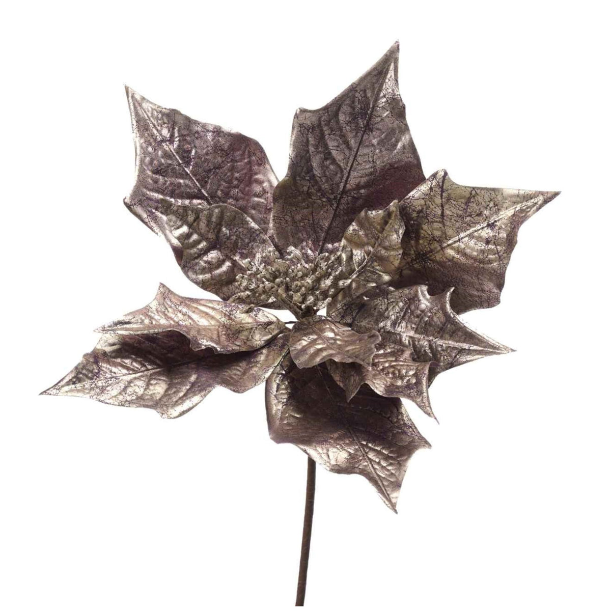 A metallic antique-inspired champagne gold silver artificial poinsettia stem 55.5 cm with textured, crinkled leaves on a plain white background.