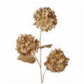 Goodwill M&G christmas decorative gold hydrangea stem with three clustered round blooms and a few leaves, shown on a plain white background.