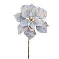 A single artificial poinsettia-style flower with pale blue-gray leaves and metallic gold leaf-like accents, attached to a brown stem 81 cm length, on a plain white background.