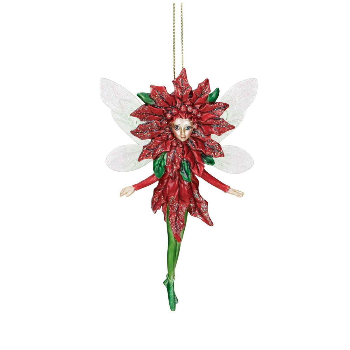 Goodwill M&G A hanging Christmas ornament shaped like a poinsettia flower fairy 11.5 cm, with red petals, green stem and arms, translucent white wings, and a gold hanging string on a plain white background.