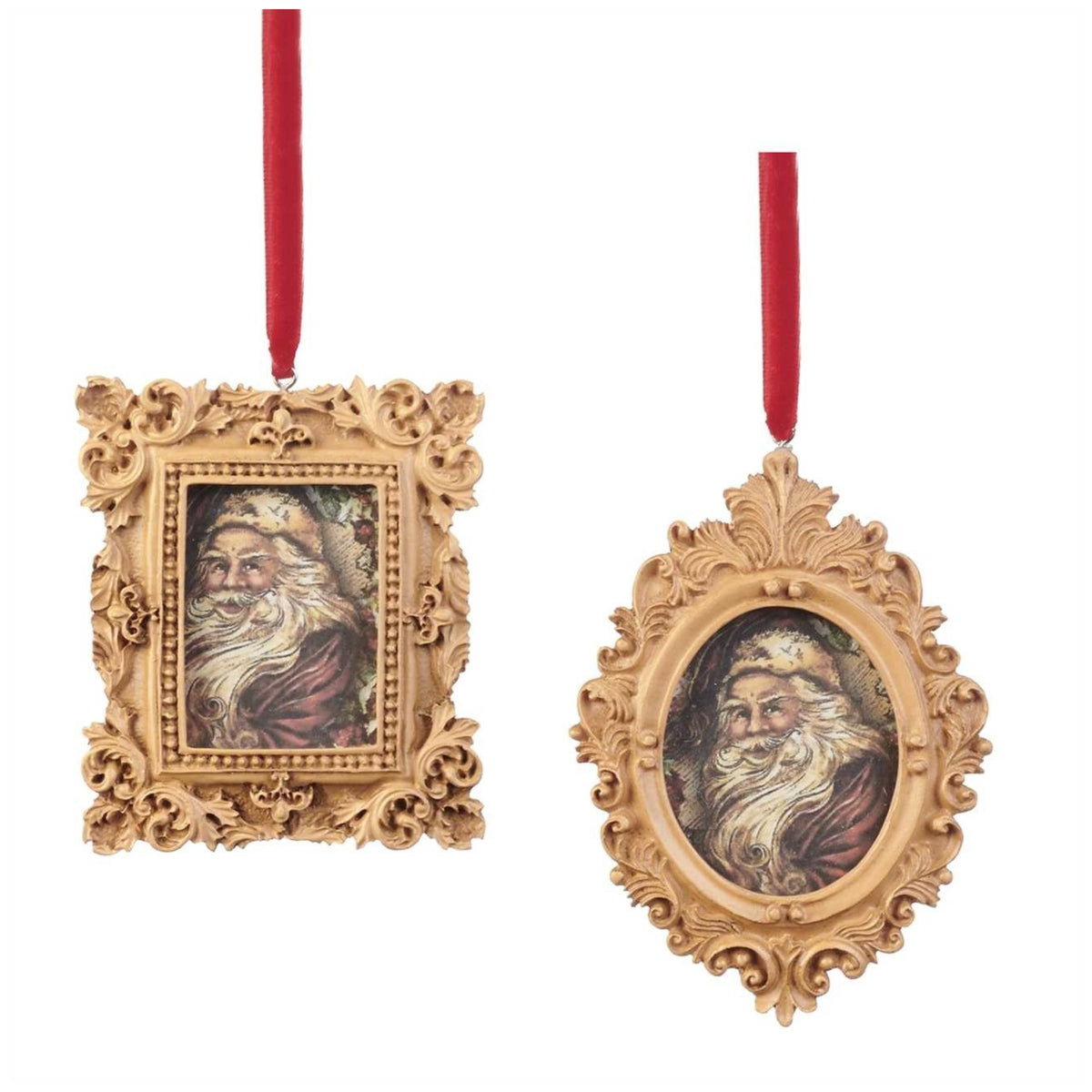 Goodwill M&G Santa Photo Frame christmas ornament in antique gold in oval and rectangular designs and a red velvet hanging ribbon on a plain white background.