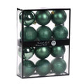 A set of 12 teal green (green/blue) Christmas ornaments in three finishes (gloss, matte and glitter) 7 cm diameter displayed inside a clear plastic storage box with a black frame and a black band label reading 'Goodwill M&G Co. Shatterproof Baubles'.