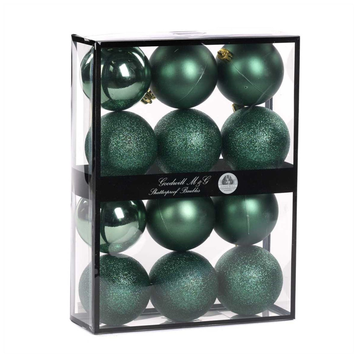 A set of 12 teal green (green/blue) Christmas ornaments in three finishes (gloss, matte and glitter) 7 cm diameter displayed inside a clear plastic storage box with a black frame and a black band label reading 'Goodwill M&G Co. Shatterproof Baubles'.
