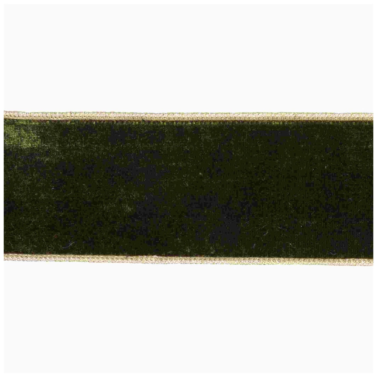 Goodwill M&G christmas olive green velvet ribbon with gold thread edging, with wired edge - 6.4 cm, shown against a plain white background.