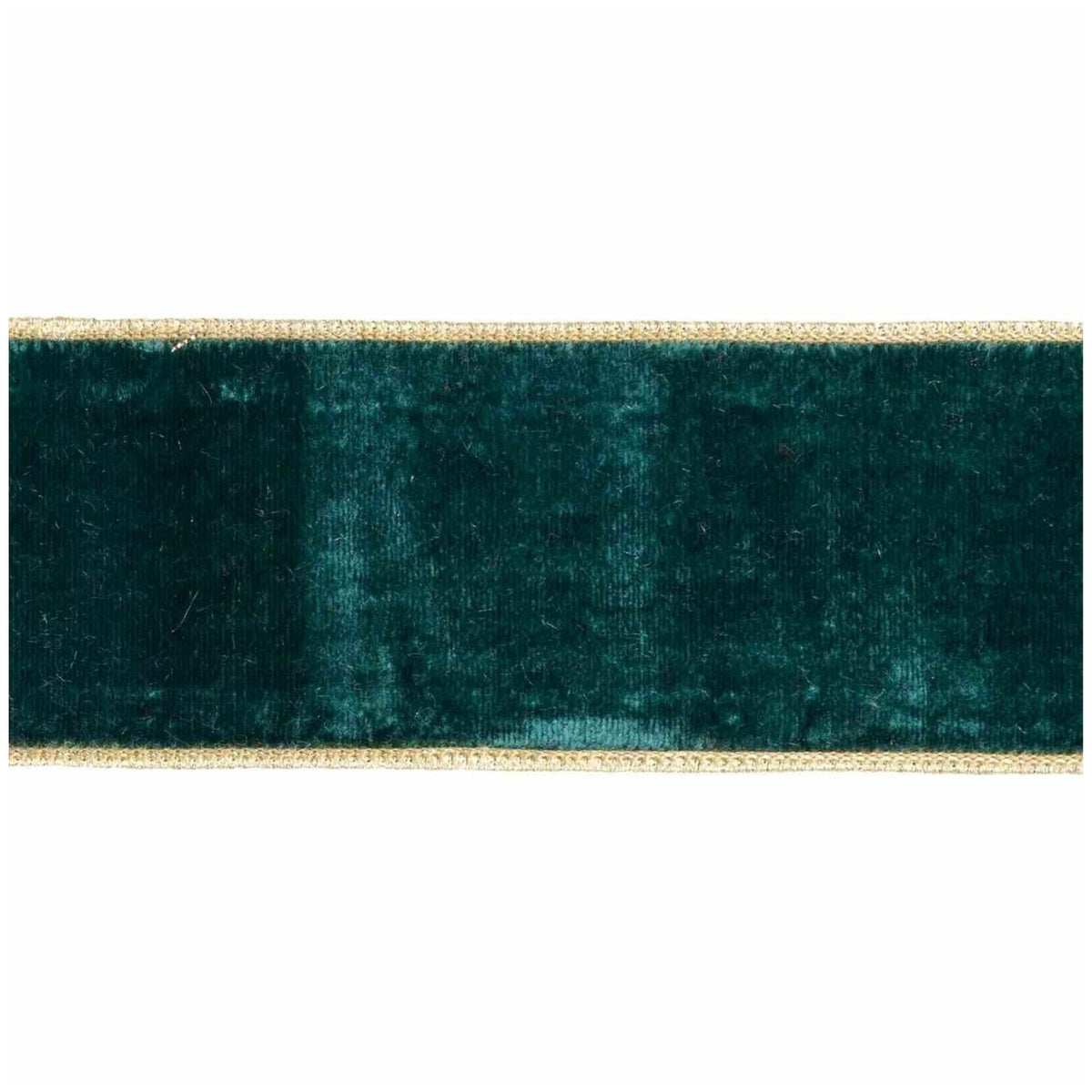 Goodwill M&G christmas teal green velvet ribbon with gold thread edging, with wired edge - 6.4 cm, shown against a plain white background.