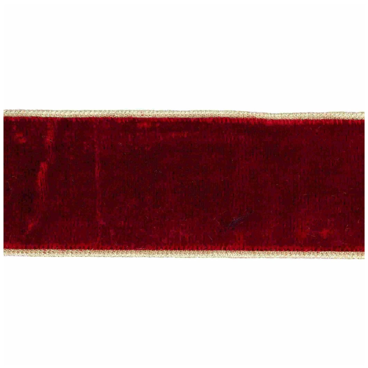 Goodwill M&G christmas deep red (burgundy) velvet ribbon with gold thread edging, with wired edge - 6.4 cm, shown against a plain white background.