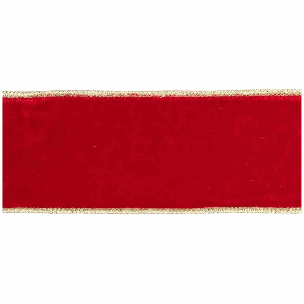 Goodwill M&G christmas red velvet ribbon with gold thread edging, with wired edge - 6.4 cm, shown against a plain white background.