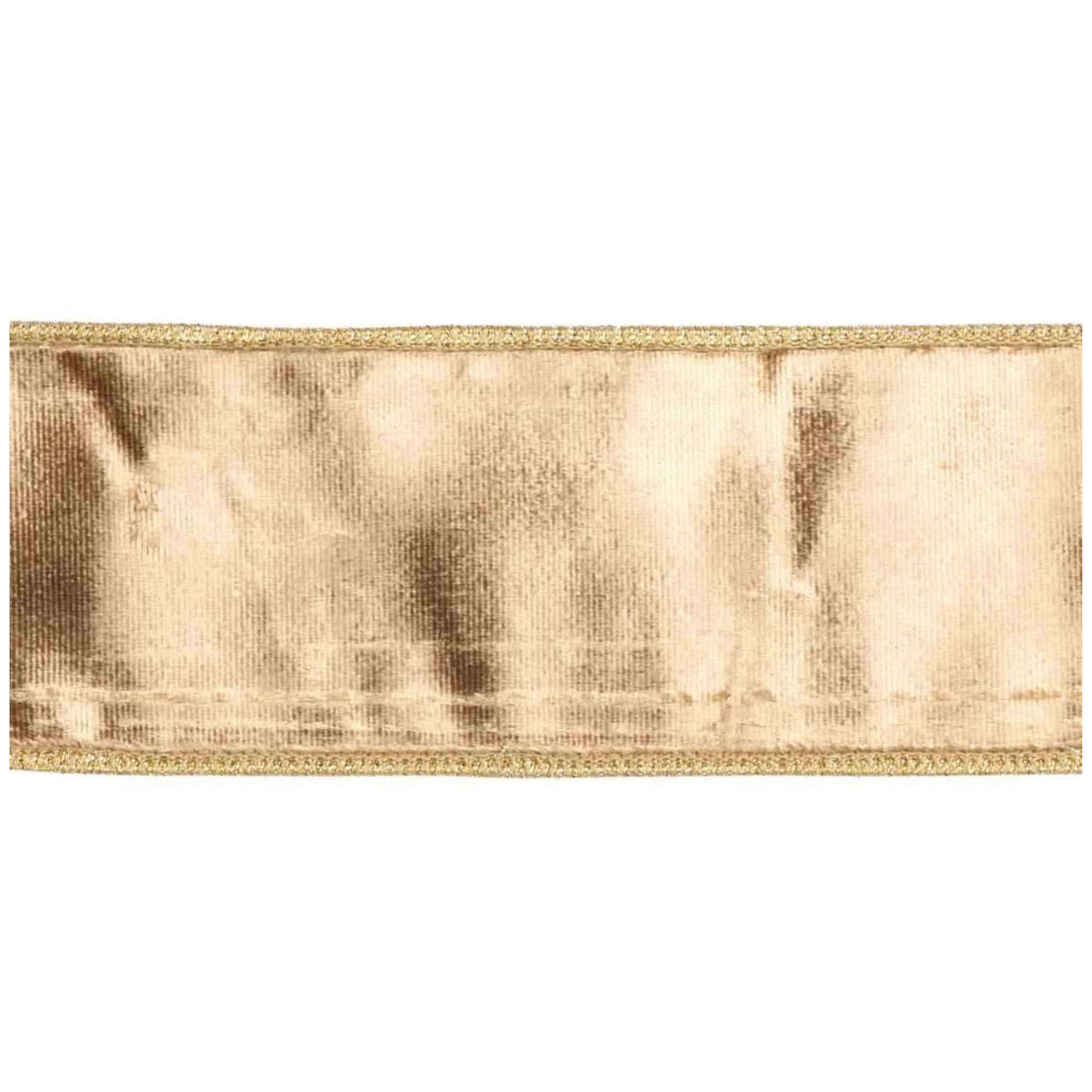 Goodwill M&G smooth gold velvet ribbon, with wired edge - 6.4 cm, shown against a plain white background.