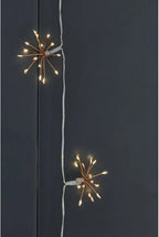 Sparkler string lights with copper-colored wire branches and glowing warm white bulbs, shown hanging against a dark charcoal wall.