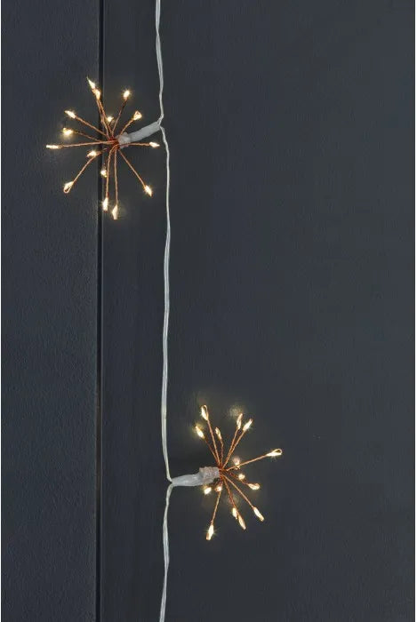 Sparkler string lights with copper-colored wire branches and glowing warm white bulbs, shown hanging against a dark charcoal wall.