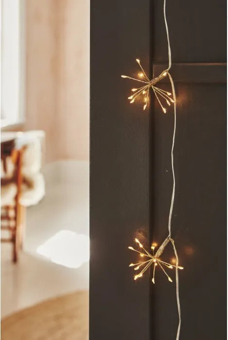 Warm white fairy string lights shaped like small starbursts or snowflakes, draped vertically along a dark paneled wall in a softly lit interior room.