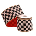 A roll of checkered ribbon with a black and pale pink checkerboard pattern, finished with a metallic gold edge, displayed alongside another roll showing the red backing.