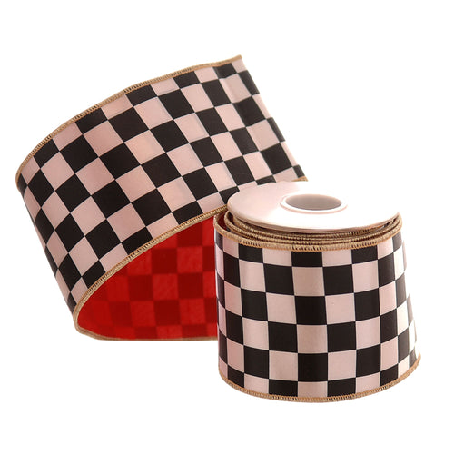 A roll of checkered ribbon with a black and pale pink checkerboard pattern, finished with a metallic gold edge, displayed alongside another roll showing the red backing.