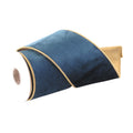 A roll of velvet ribbon in a deep navy blue color, accented with a thin gold metallic edge trim, shown on a clean white background.