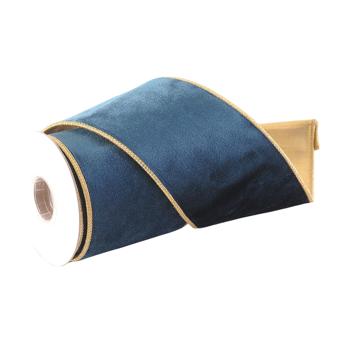 A roll of velvet ribbon in a deep navy blue color, accented with a thin gold metallic edge trim, shown on a clean white background.