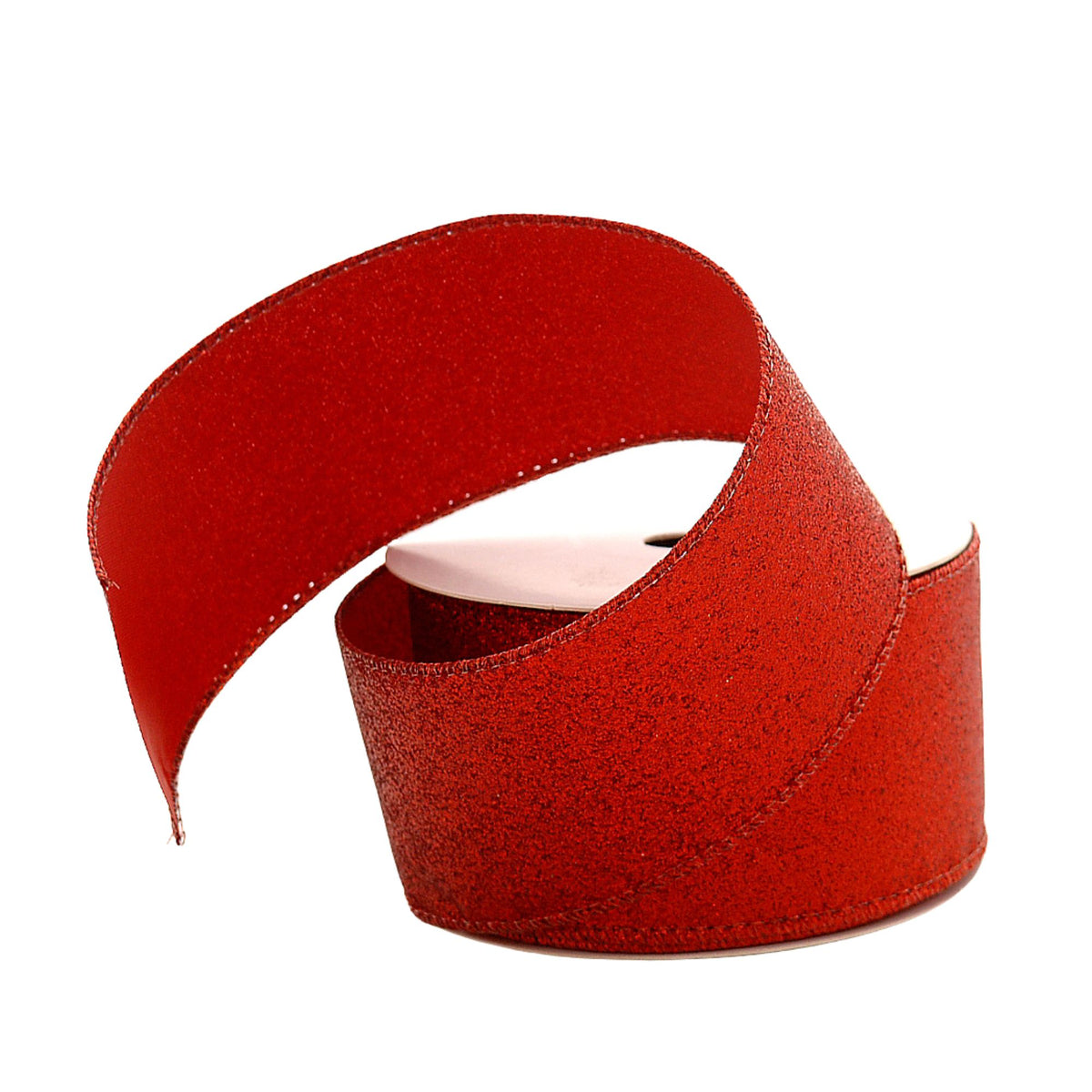 A roll of wide red glitter ribbon, partially unrolled in a curved loop, set against a plain white background.