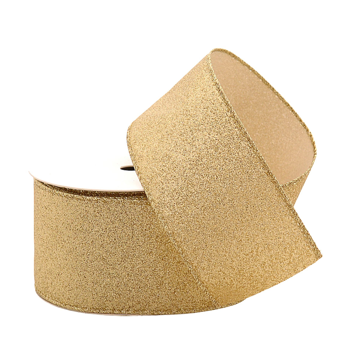 A roll of glittery gold ribbon, partially unrolled to show its texture and width, set against a plain white background.
