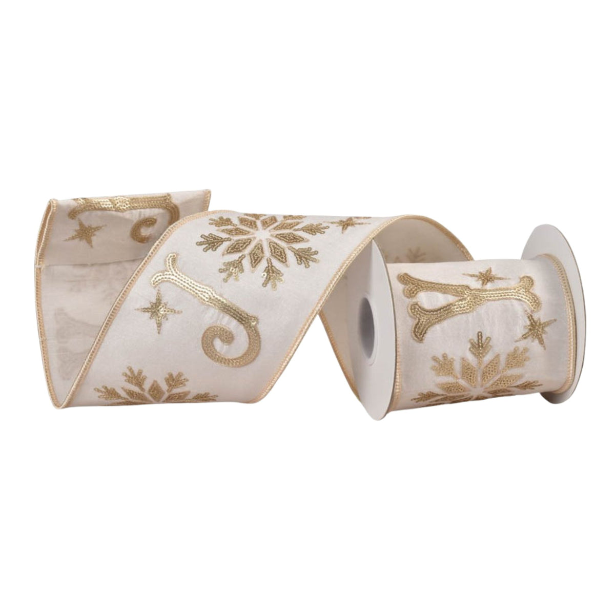 A roll of cream-colored ribbon with gold embroidered holiday motifs, including snowflakes, stars, and a Christmas tree, shown on a clean white background.