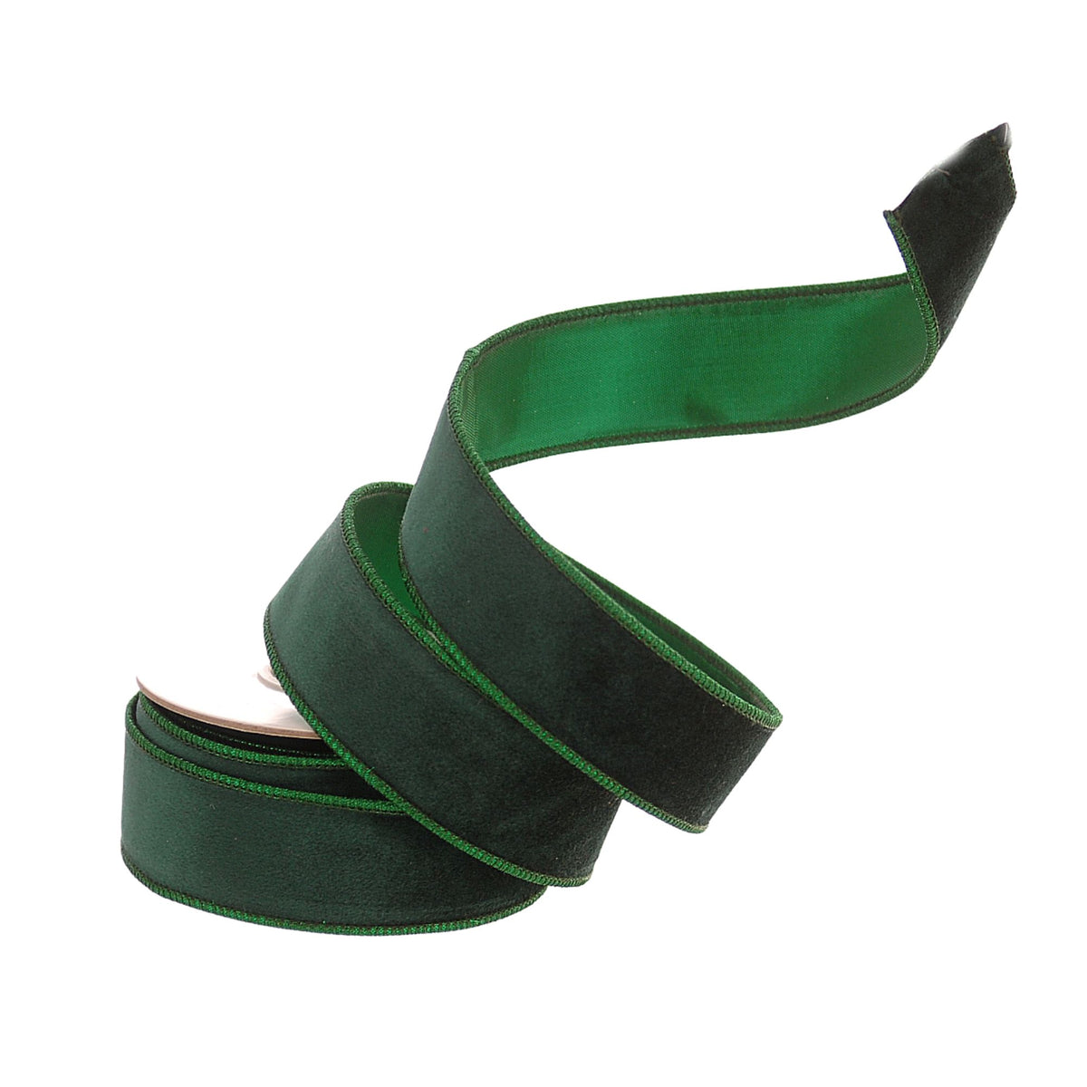 A dark green velvet ribbon with a matching green satin inner lining and a black tip, coiled on a white background.