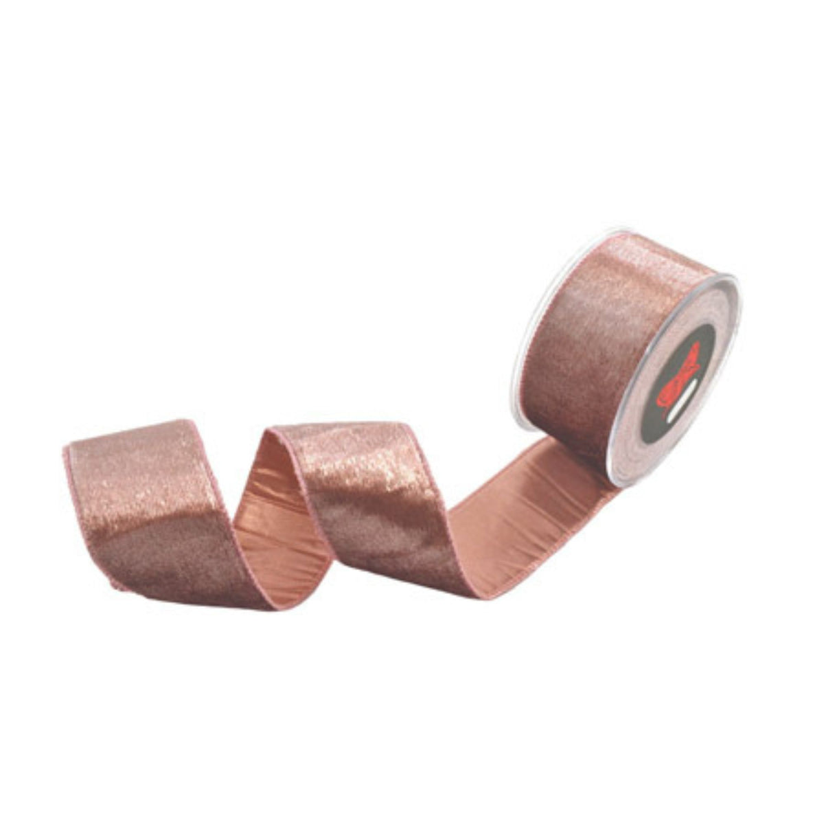 A roll of shimmering metallic rose gold ribbon, partially unrolled to show its texture and sheen, set against a plain white background.