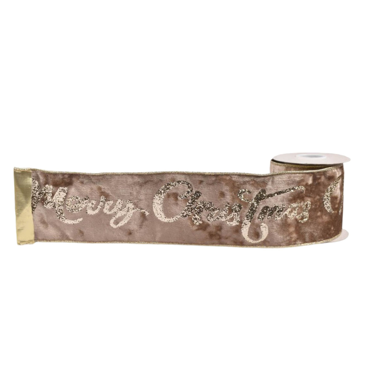 A roll of brown velvet ribbon with 'Merry Christmas' written in glittery silver cursive script, finished with a gold metallic edge.