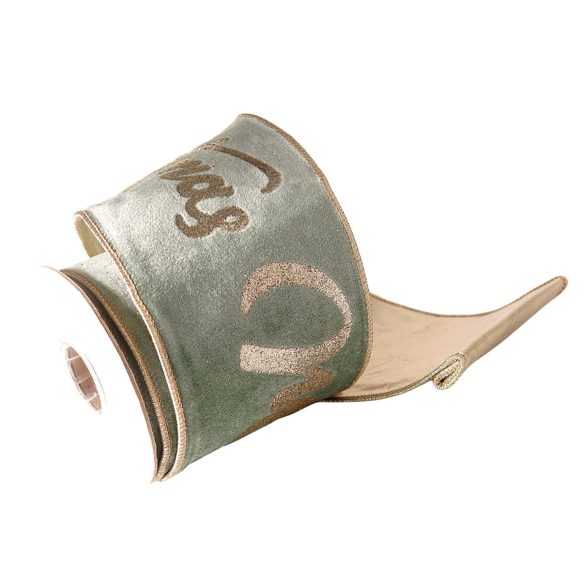 A roll of sage green velvet ribbon with metallic gold cursive script lettering "Merry christmas" and a gold edge trim, shown on a plain white background.