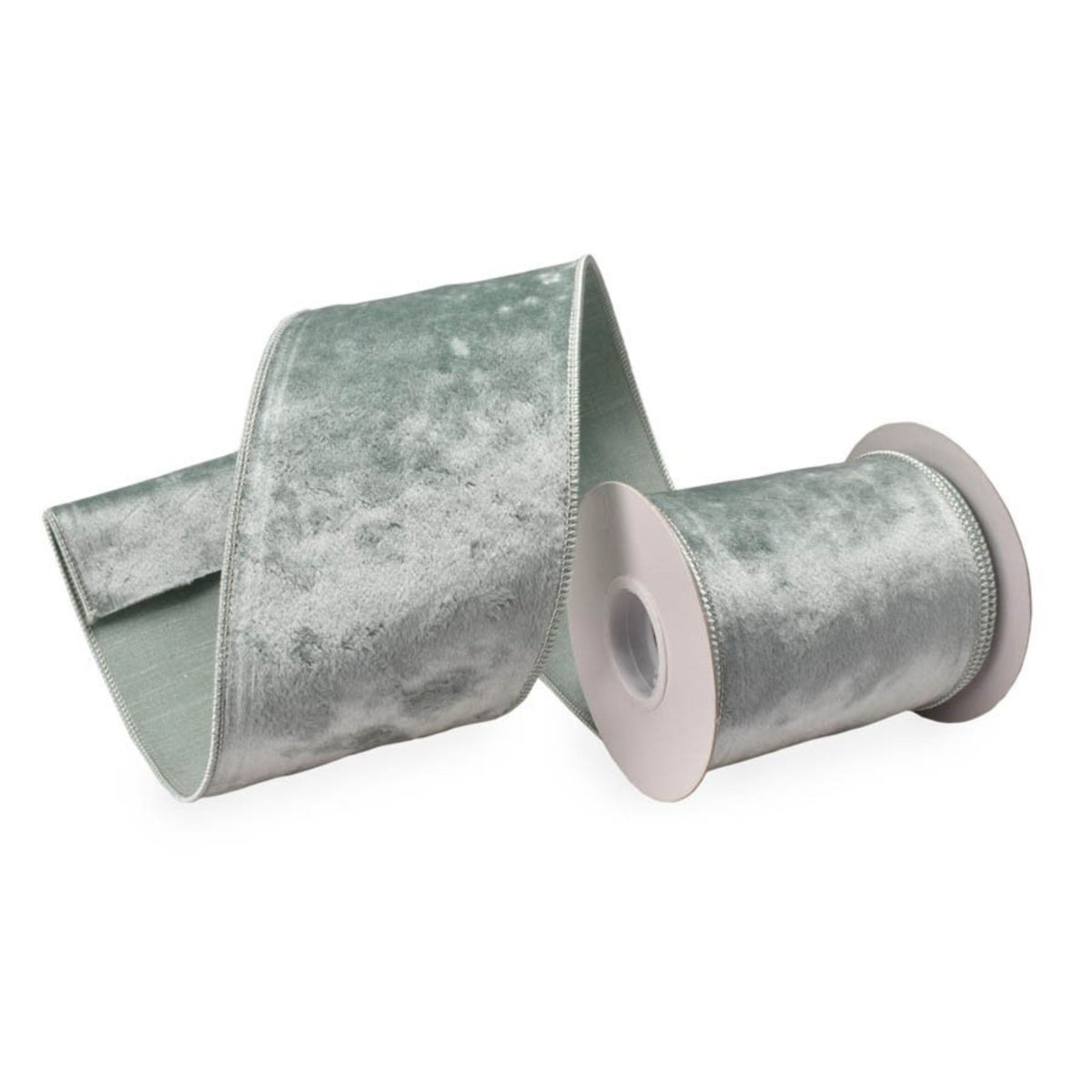 A roll of textured, crushed velvet ribbon in a muted sage green color, shown partially unrolled on a clean white background.