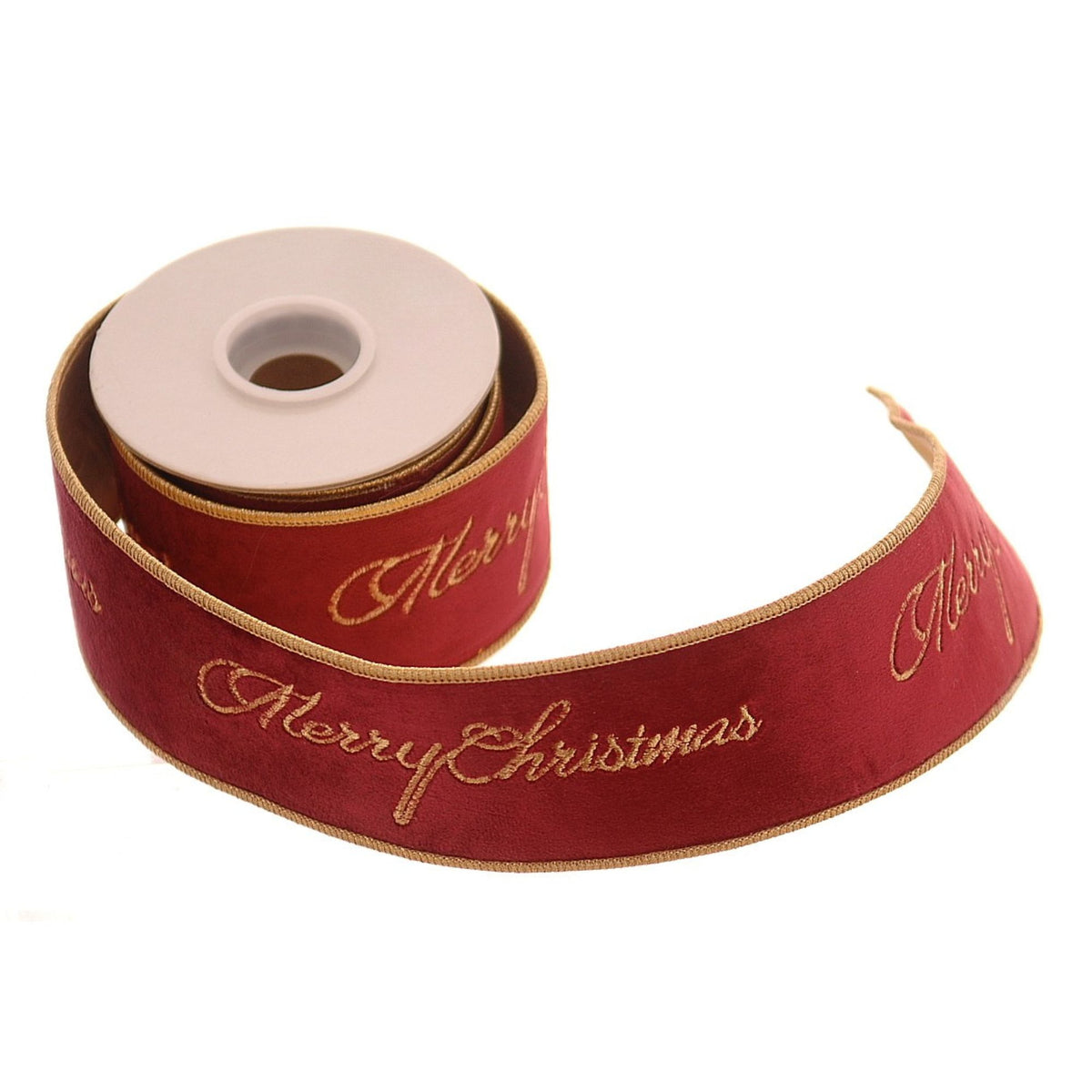 A roll of red velvet Christmas ribbon with gold trim and 'Merry Christmas' script, displayed on a clean white background.