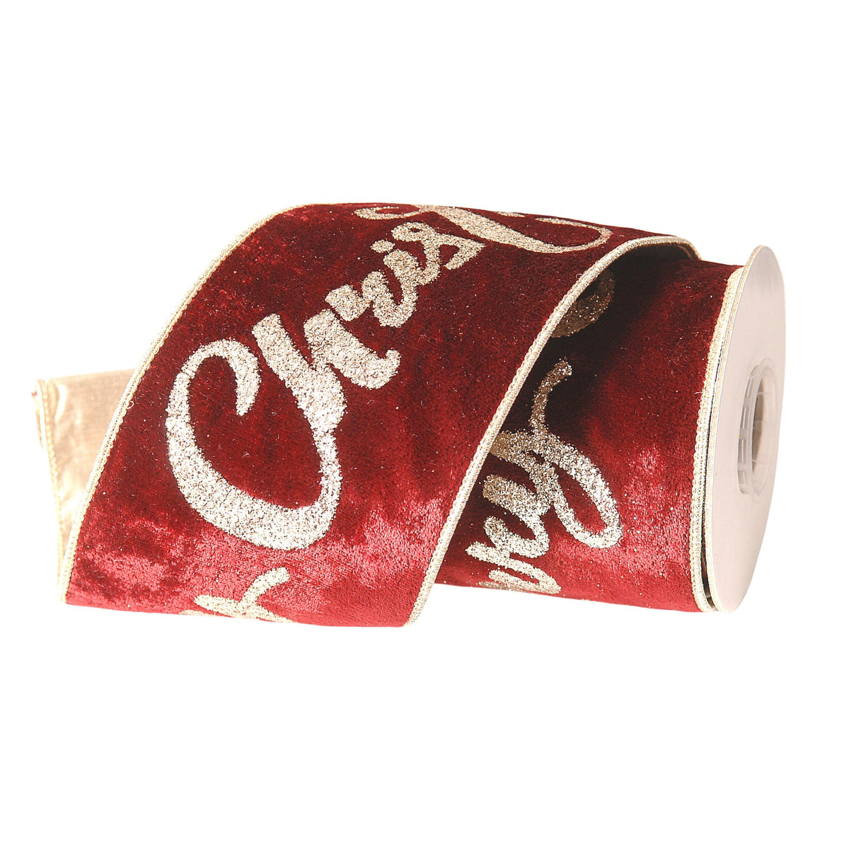 A roll of red velvet ribbon with glittery silver cursive script reading 'Merry Christmas' and a thin gold edge, shown on a white background.
