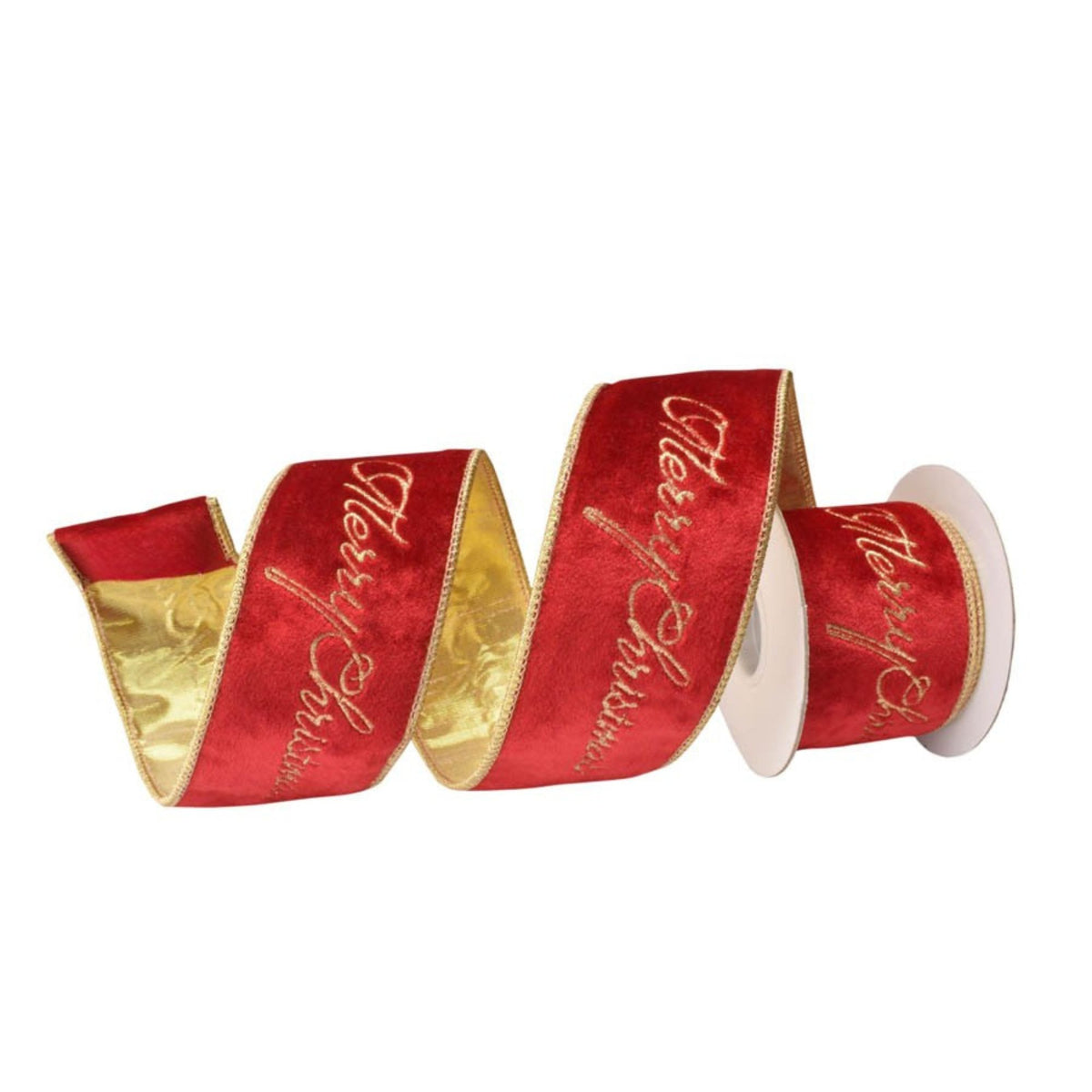 Red and gold Christmas ribbon with 'Merry Christmas' script, shown coiled on a white spool against a white background.
