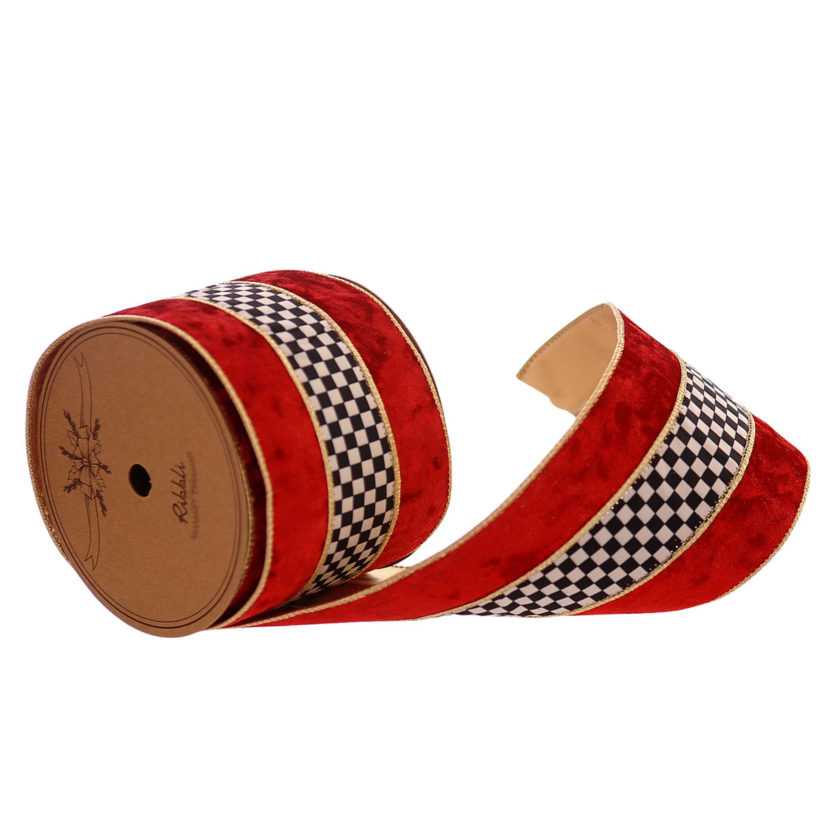 Red velvet ribbon with a black and white checkered pattern and a thin gold edge, shown on a spool with one end unrolled against a white background.