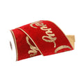 Red velvet ribbon with gold glitter script and gold edge trim, shown on a white background.