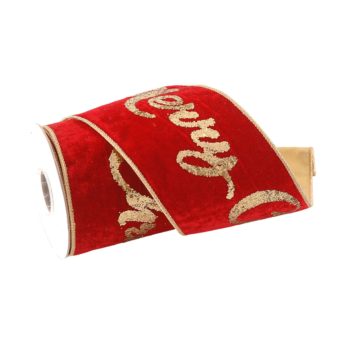 Red velvet ribbon with gold glitter script and gold edge trim, shown on a white background.
