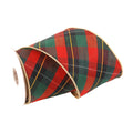 A roll of plaid ribbon in a red, green, and black tartan pattern with thin gold stripes and a gold edge trim, shown on a white background.
